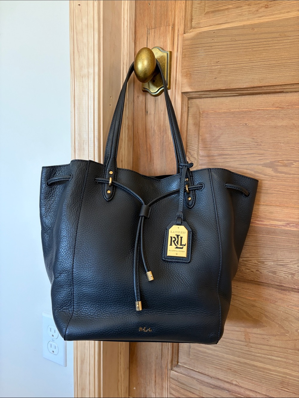 Ralph Lauren Black Pebbled Leather Tote with Tassel and Gold Hardware